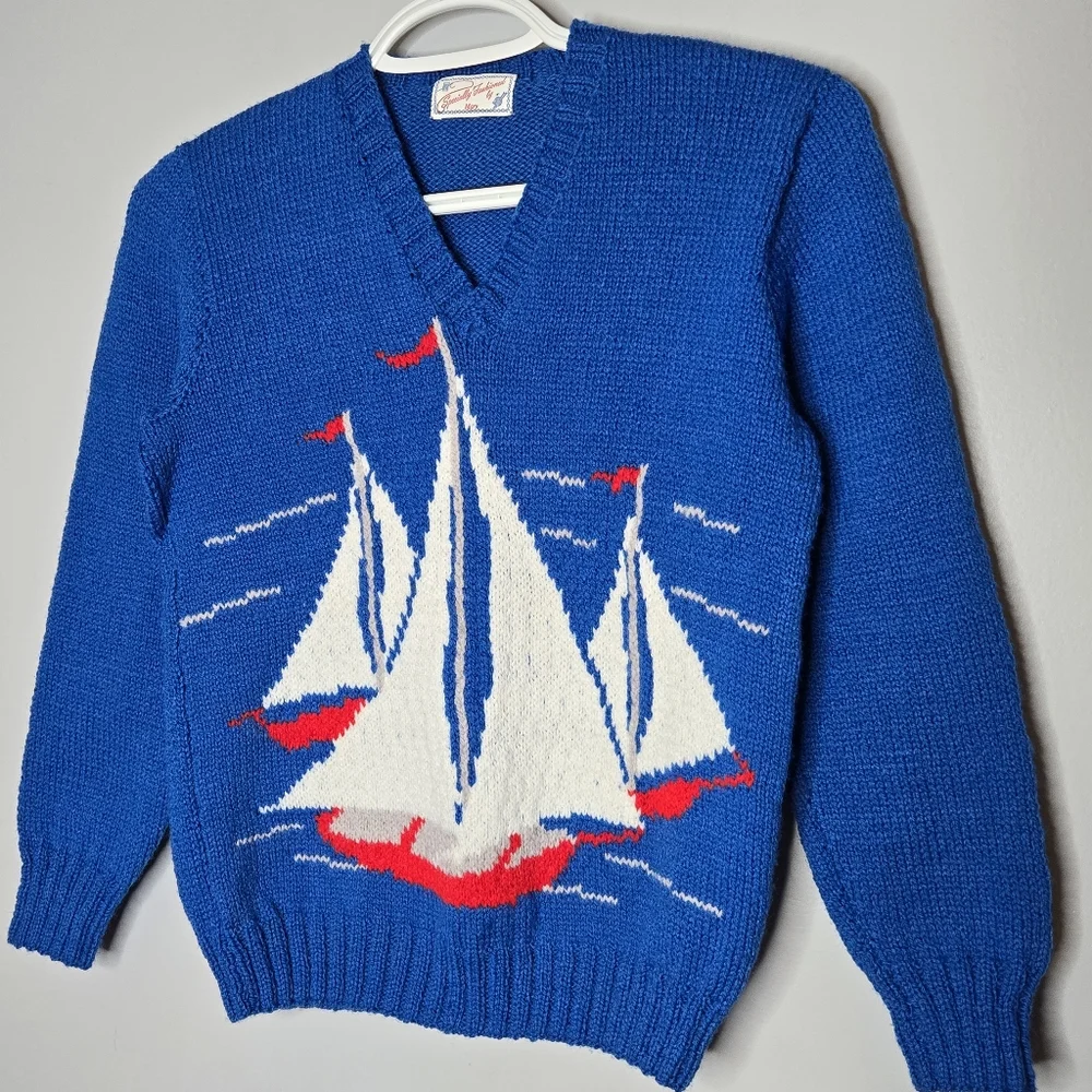 Vintage Youth M L Knit Sweater Sailboat Nautical Clipper Ship Handmade Blue Whit